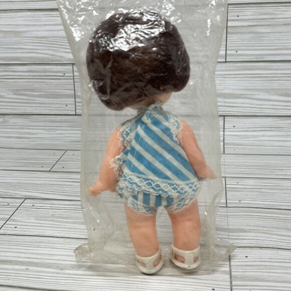 Honey Child Baby Girl Doll Plastic Brown Hair Blue Stripe Dress VTG Hong Kong 7" - Picture 6 of 10